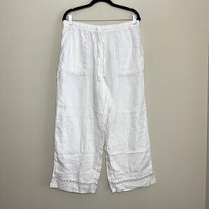 Jolie Linen White Beach Pull On Crochet Trim  Pants Women's Sz L